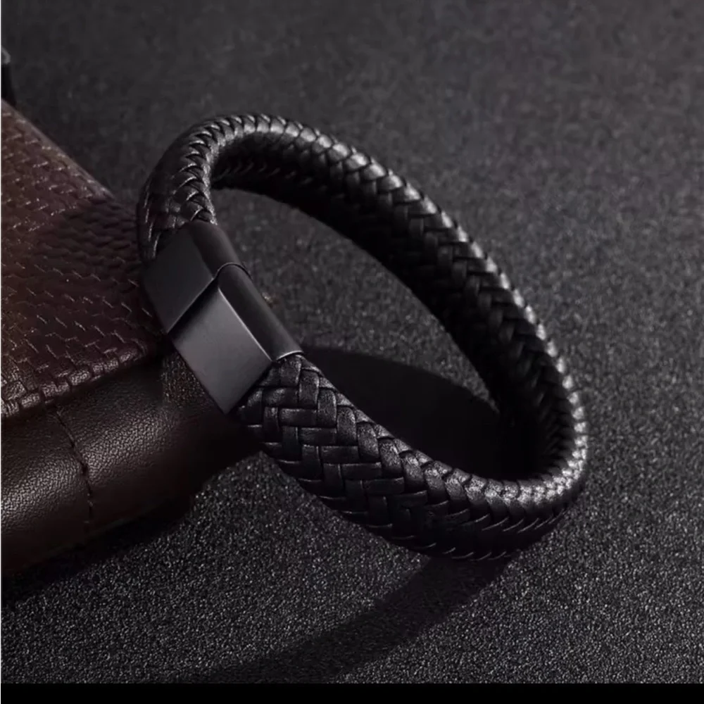 MEN NEW Black Braided Leather Bracelet
